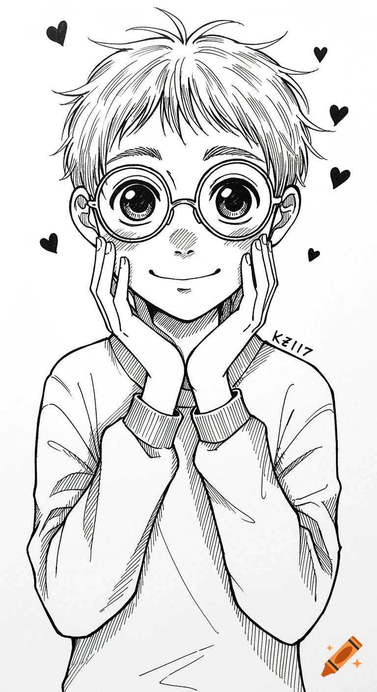 Black and white pen drawing of a boy with glasses holding his face, with hearts.