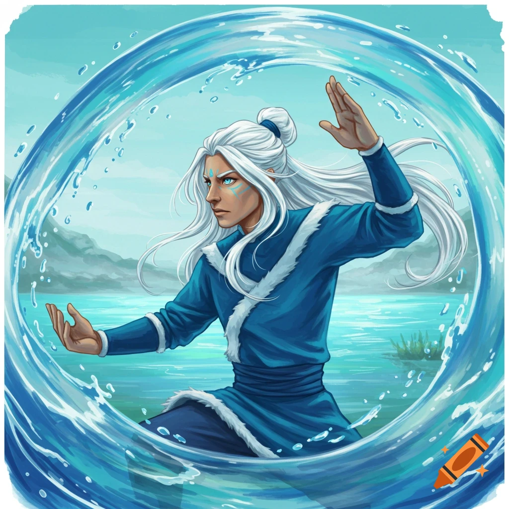 A person with white hair bends water by a lake