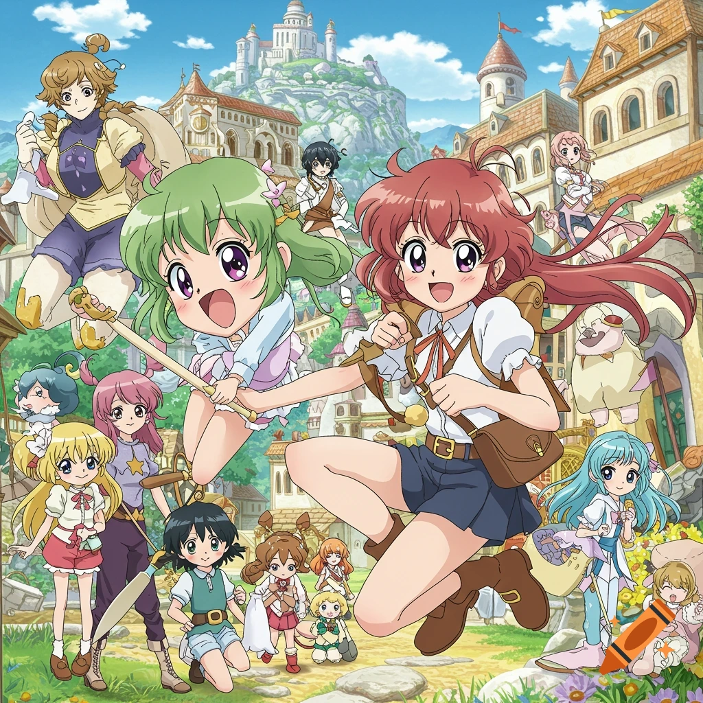 A group of anime characters in a bustling fantasy town with a castle on a hill.