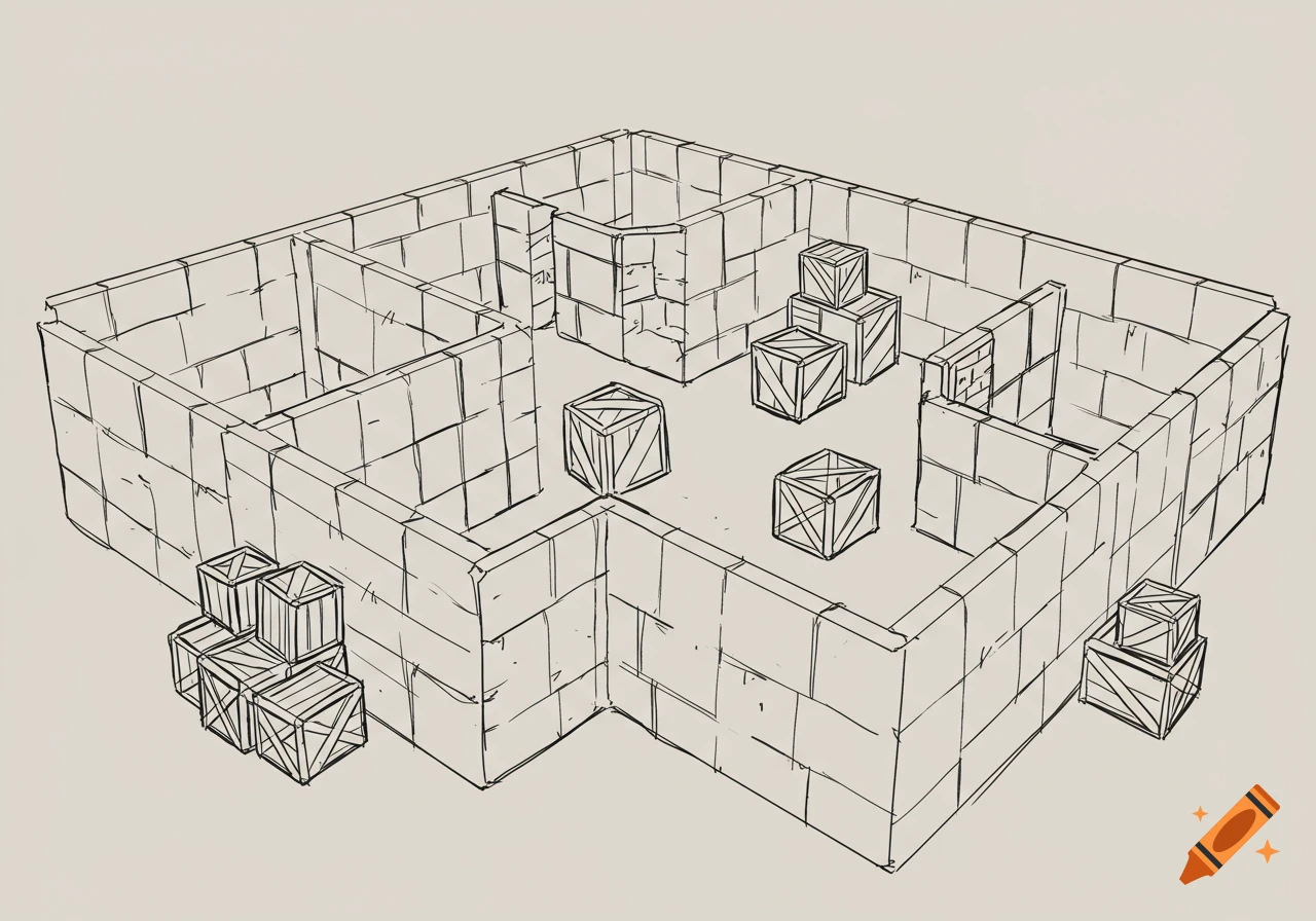 Isometric sketch of a simple room layout with walls and scattered boxes.