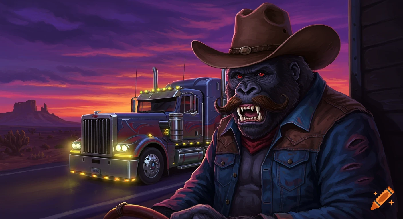 A cowboy gorilla driving a semi truck through a desert at sunset.