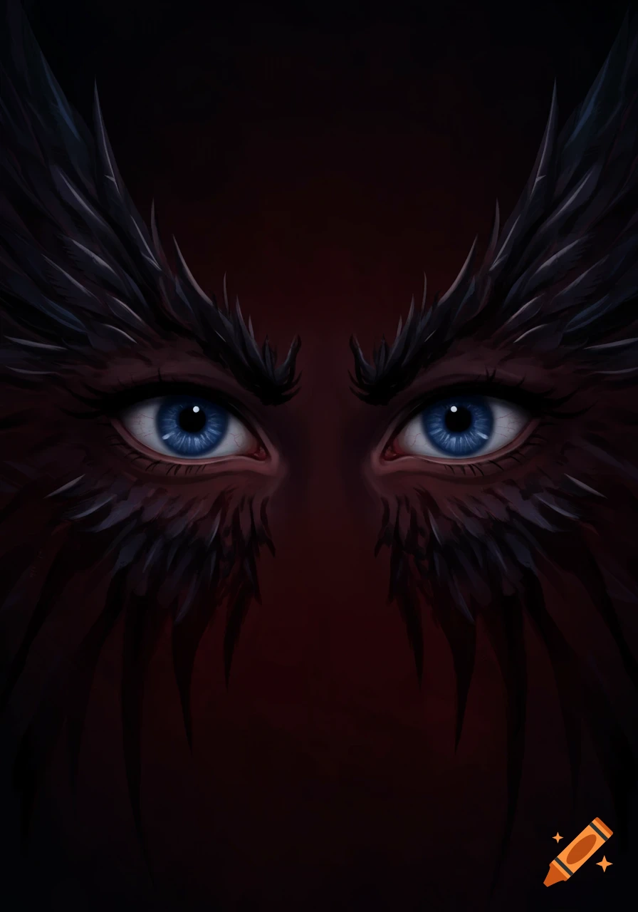 Close-up of intense blue eyes framed by dark, feathery shapes against a deep red background.
