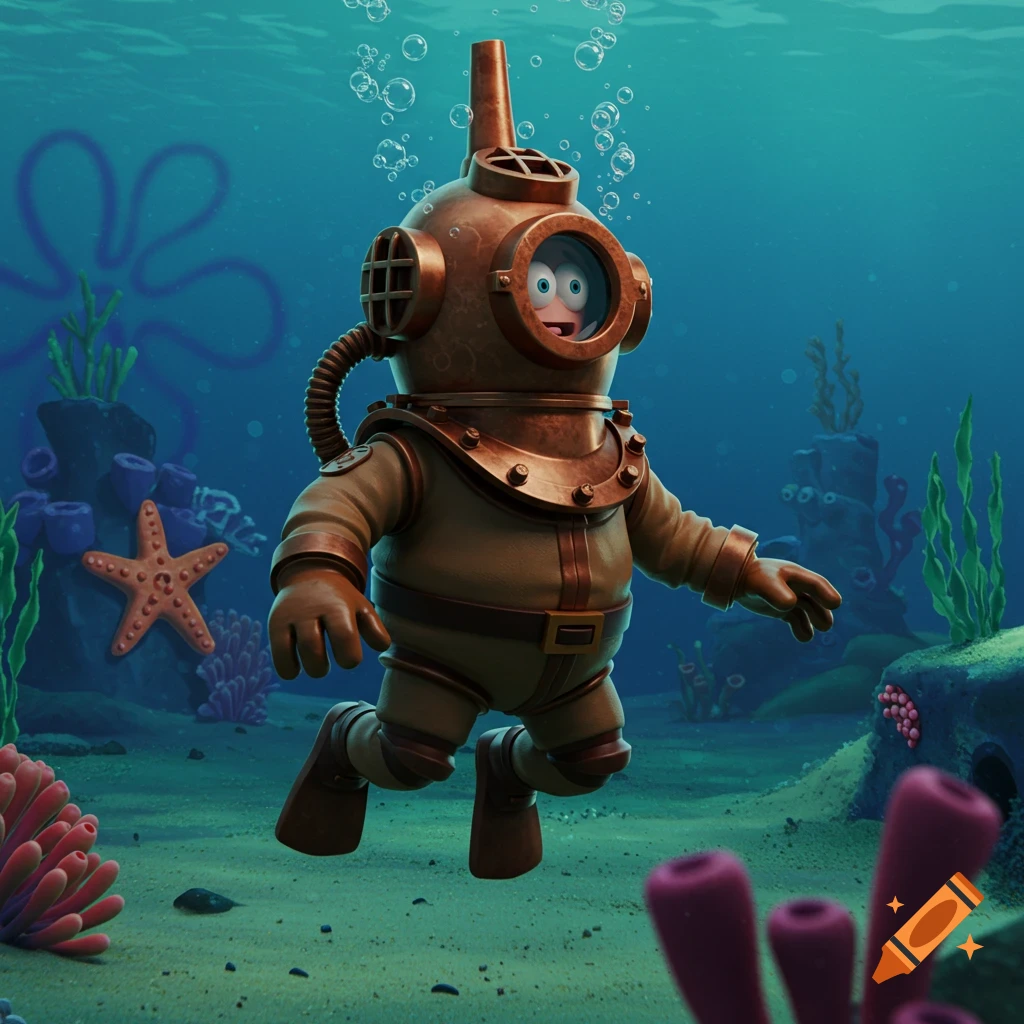 A cartoon character in an antique deep sea diving suit floats underwater amongst coral and a starfish.