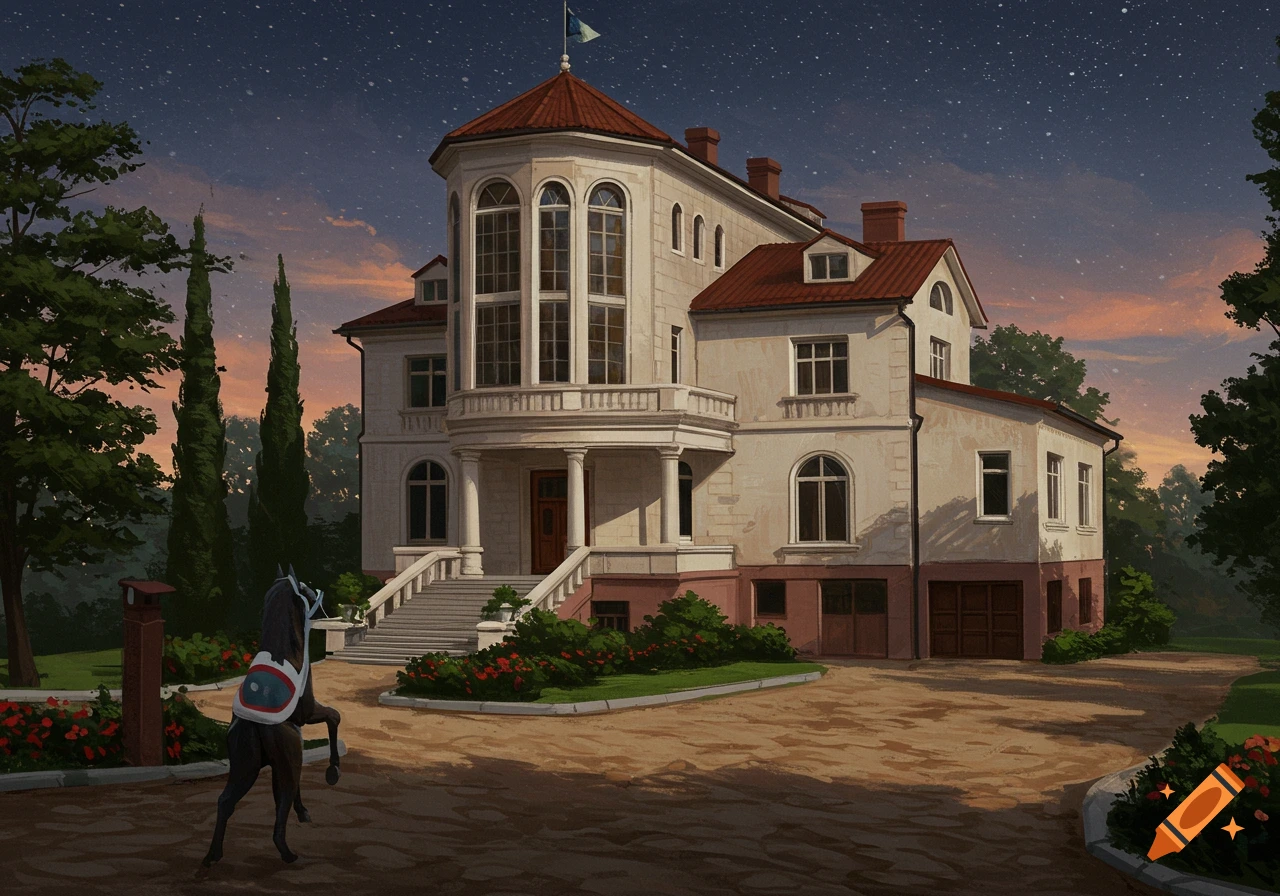 A large mansion house at dusk under a starry sky, with a horse rearing in the driveway.