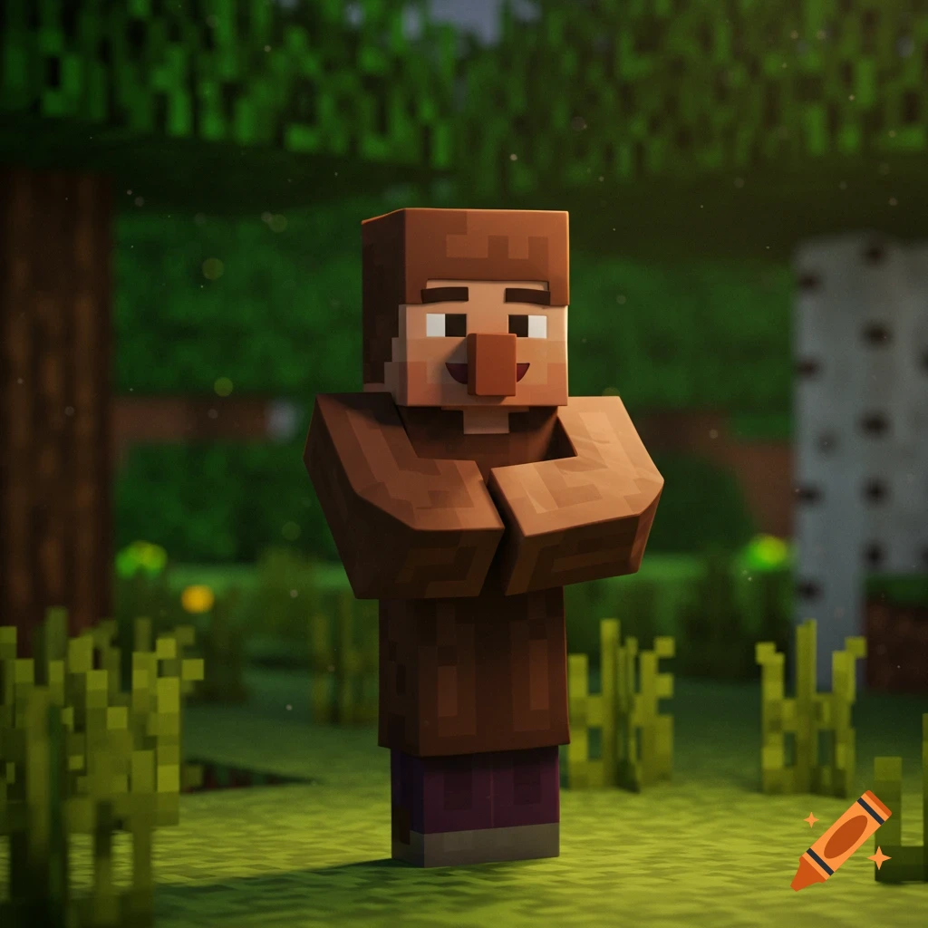 A rendered Minecraft villager stands in a grassy clearing with arms crossed.