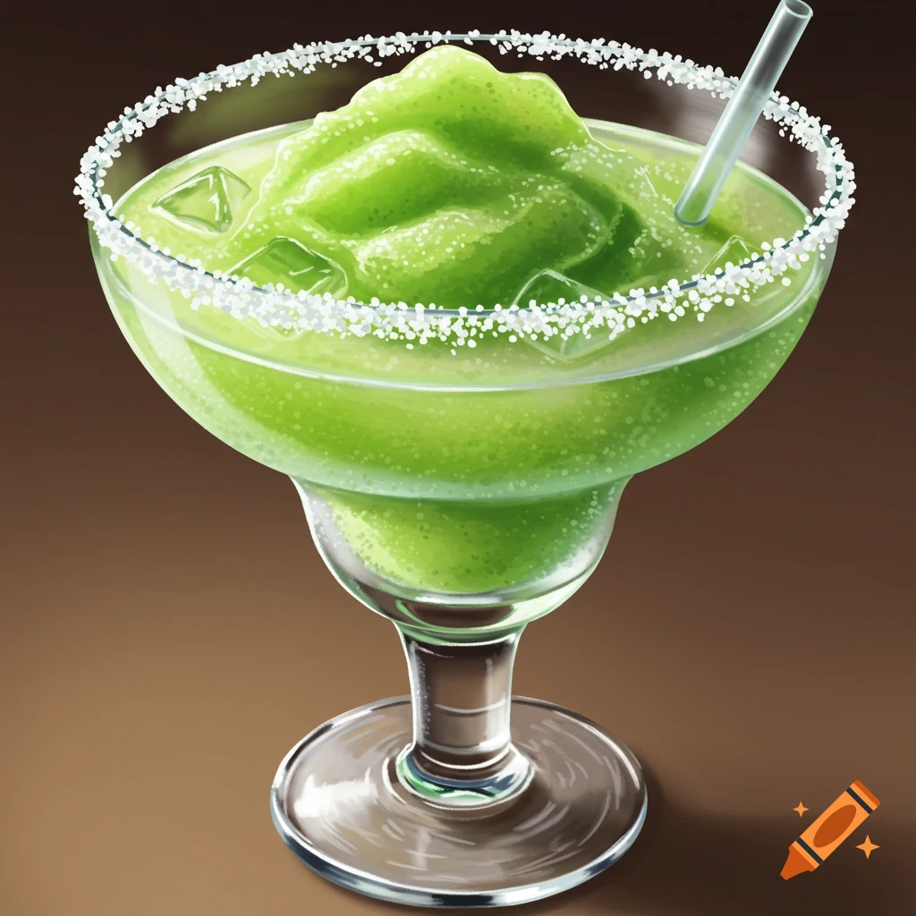 A frozen green margarita in a salt-rimmed glass with a straw, digital painting style.