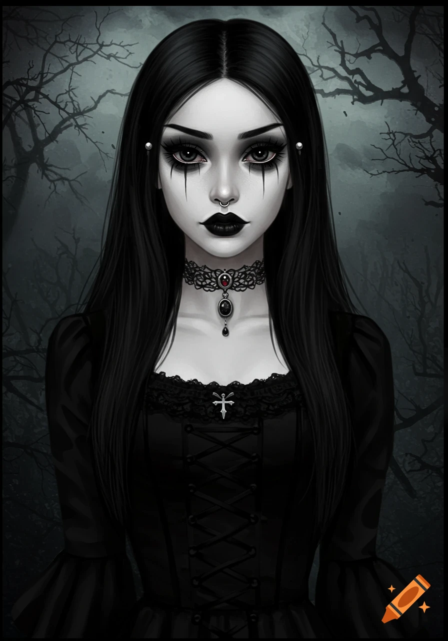 A woman with long black hair and dark makeup.