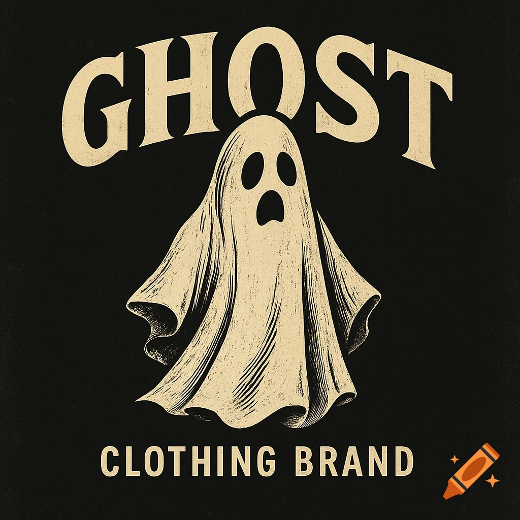 A vintage-style illustration of a ghost with the text 'GHOST' and 'CLOTHING BRAND'