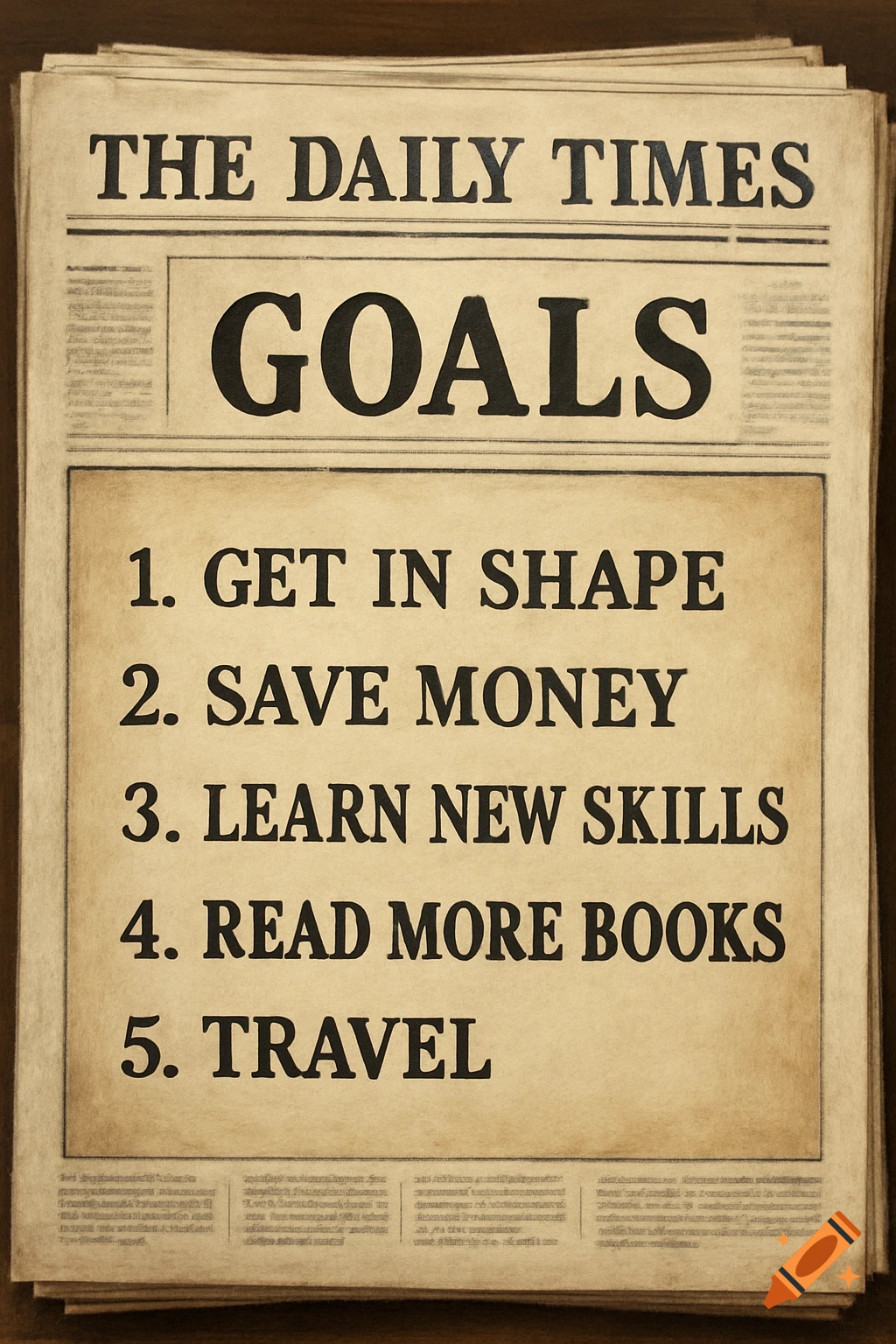 Close-up of a newspaper page titled 'The Daily Times' with a headline 'GOALS' and a list below it.