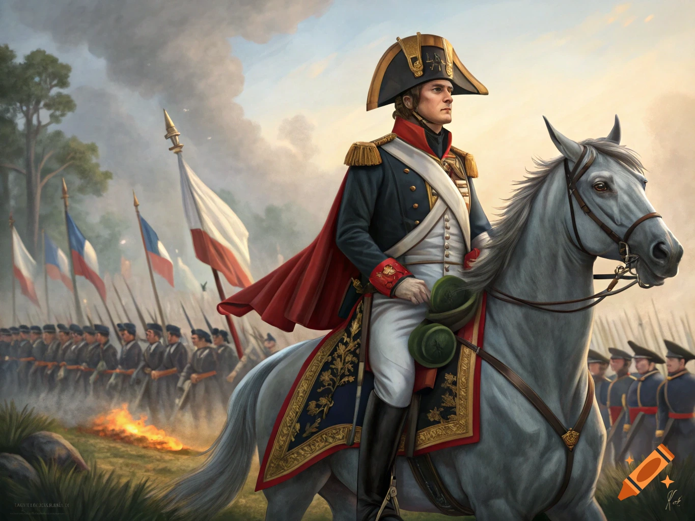 Painting of Napoleon on a horse leading soldiers marching into battle.