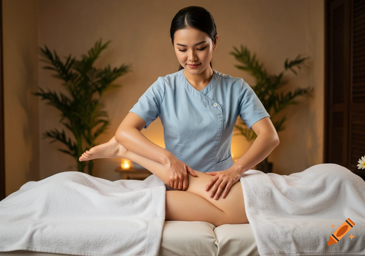 A female masseuse performs a leg massage on a client lying on a massage table in a dimly lit spa room. Photorealistic.