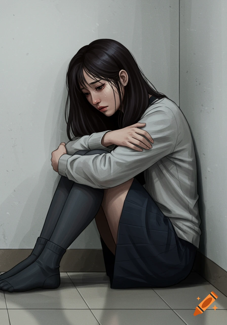 A sad girl sits in the corner of a room, hugging her knees.