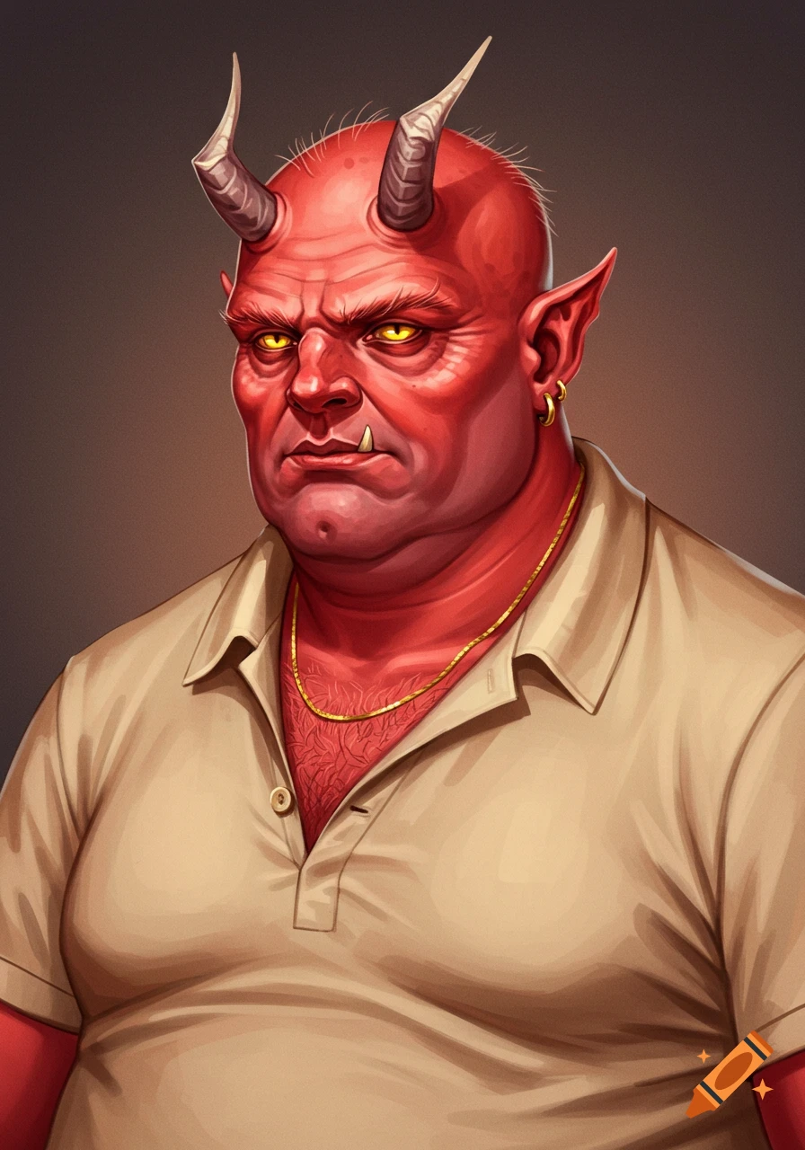 Portrait of a red-skinned fantasy creature with horns, yellow eyes, wearing a beige polo shirt and gold chain.