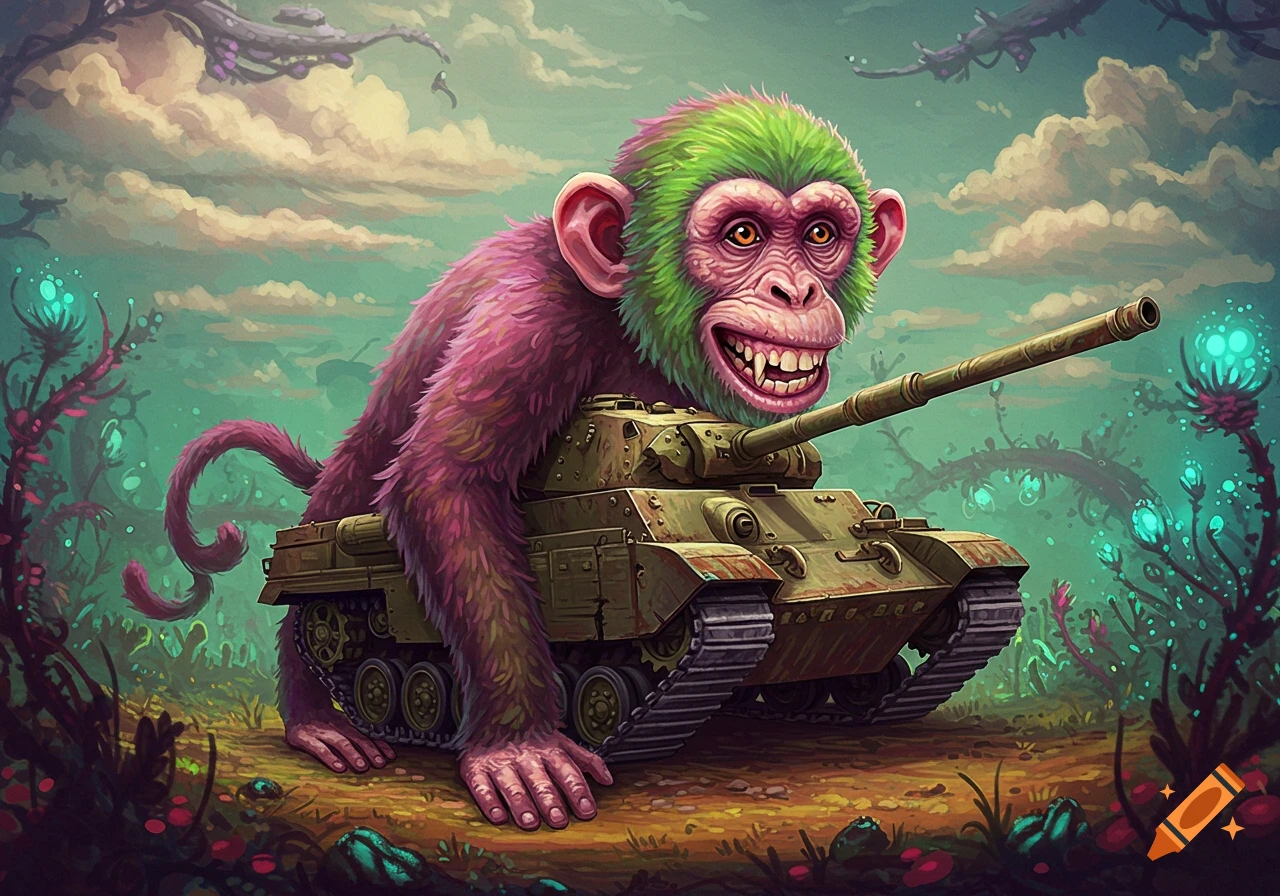 A stylized monkey with green head fur and pink body fur sits atop a military tank in a strange, surreal landscape.