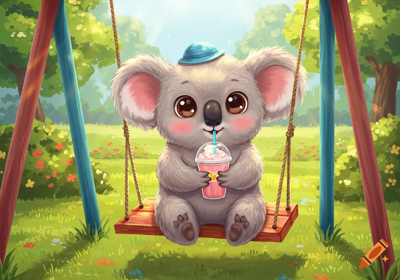 Cute illustration of a koala on a swing in a park, drinking a pink milkshake.