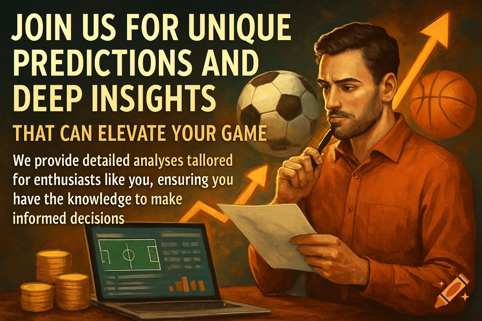 A man is reviewing documents surrounded by sports balls, growth arrows, coins, and a laptop displaying sports data.