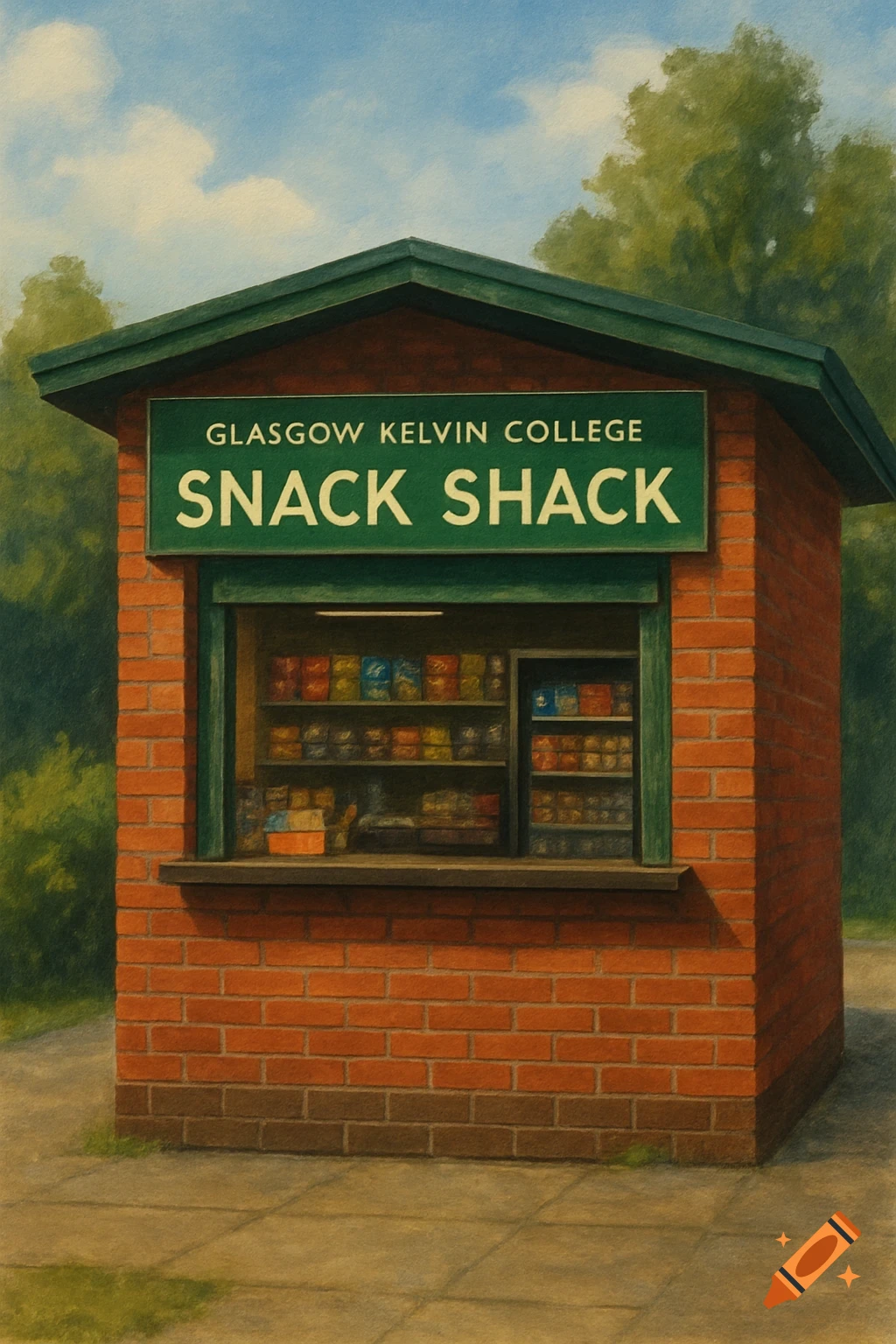A brick snack shack with a green sign saying 'Glasgow Kelvin College Snack Shack'.