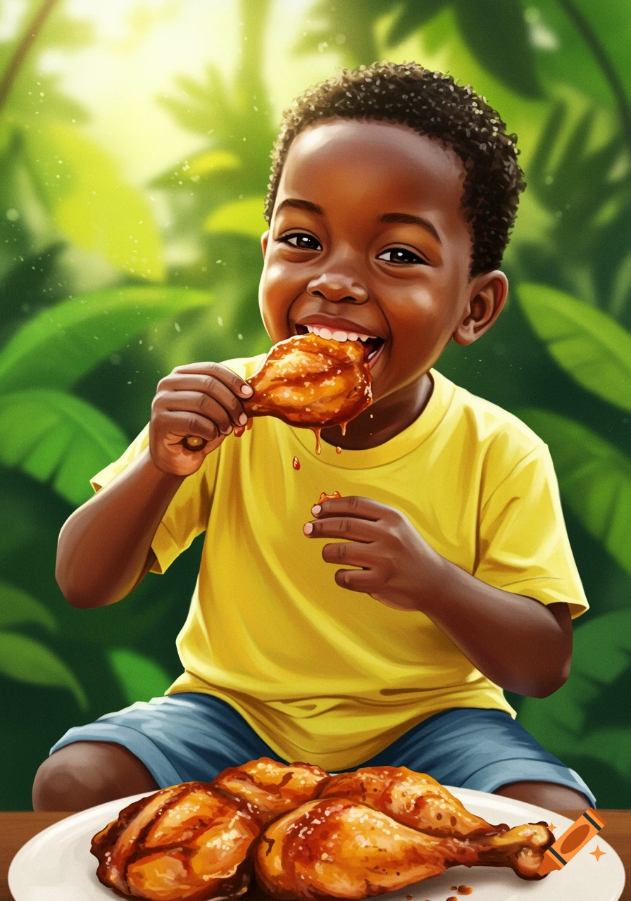 A young boy happily eats a chicken leg from a plate of chicken.
