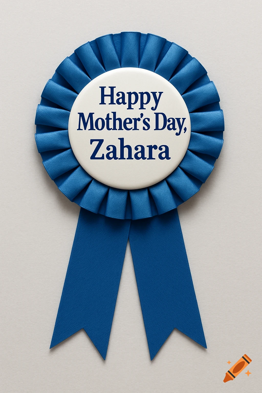 A blue rosette ribbon with the text 'Happy Mother's Day, Zahara' on a white background.