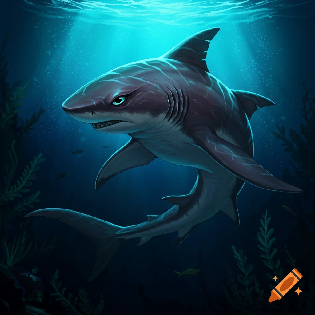 A stylized shark swimming in the deep blue ocean with light rays filtering from above.