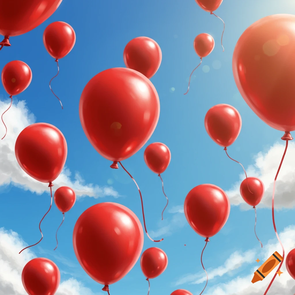 Digital painting of many red balloons floating in a blue sky with clouds.