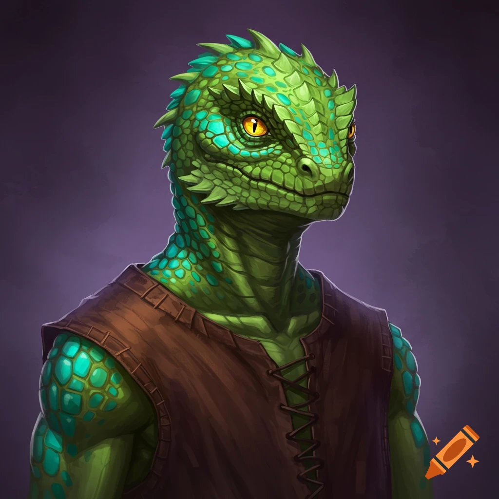 Close-up illustration of a green lizard person wearing a brown leather tunic.