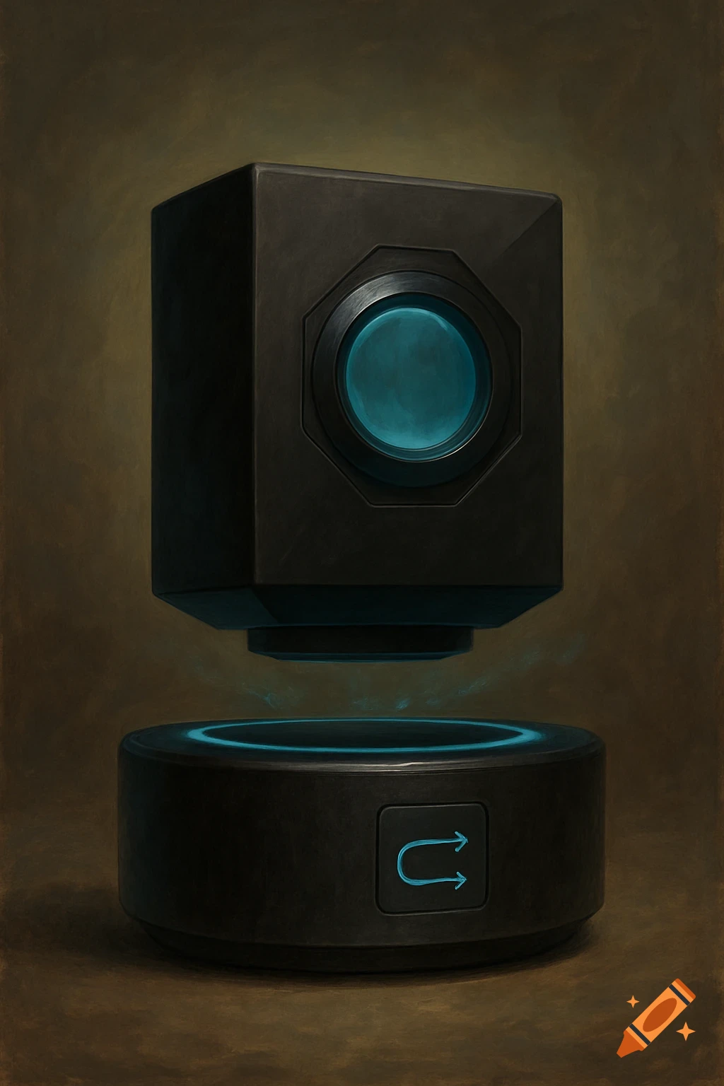 A black cubic object floats above a cylindrical base with blue lights and arrows, painted style.
