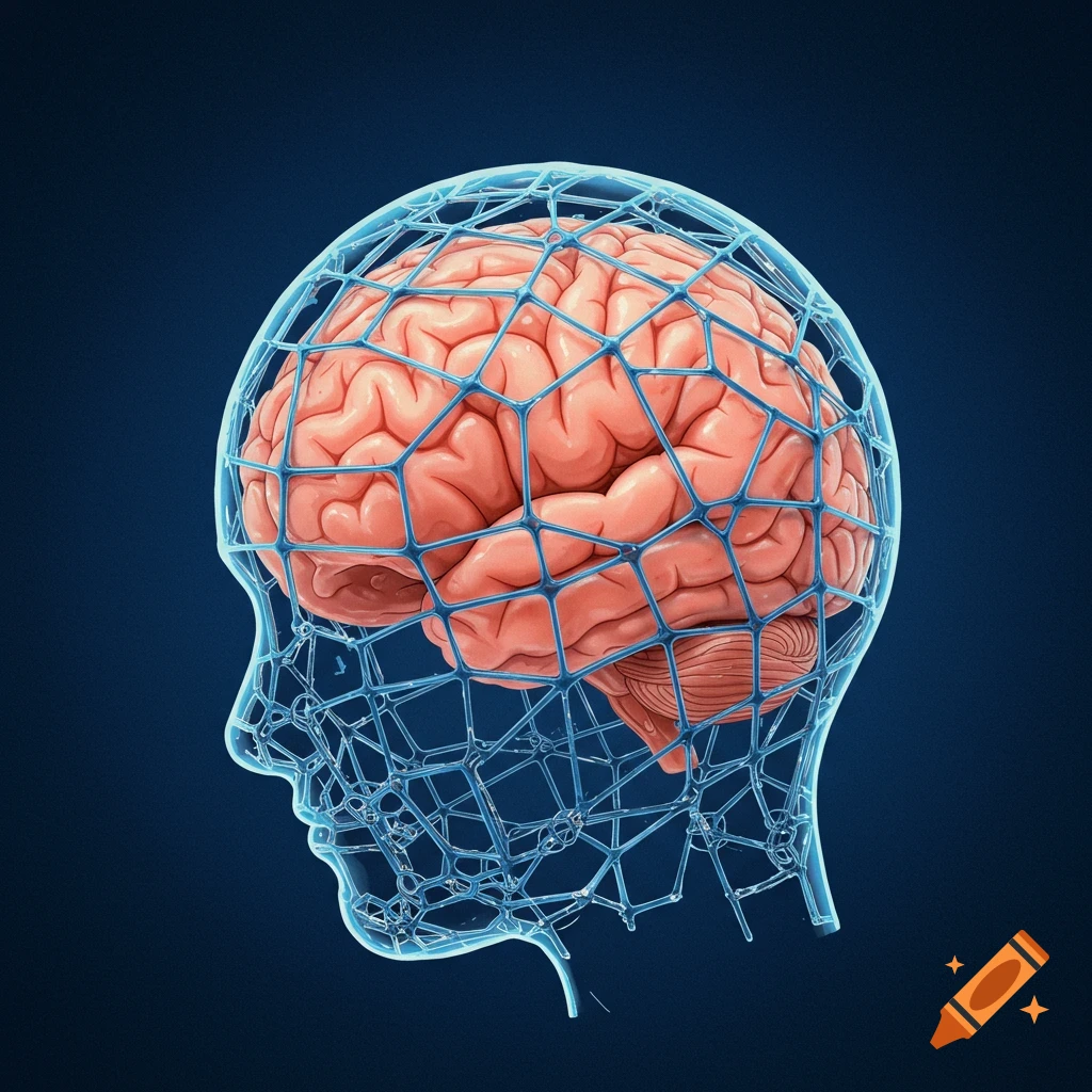 Realistic human brain inside a stylized translucent blue lattice head silhouette