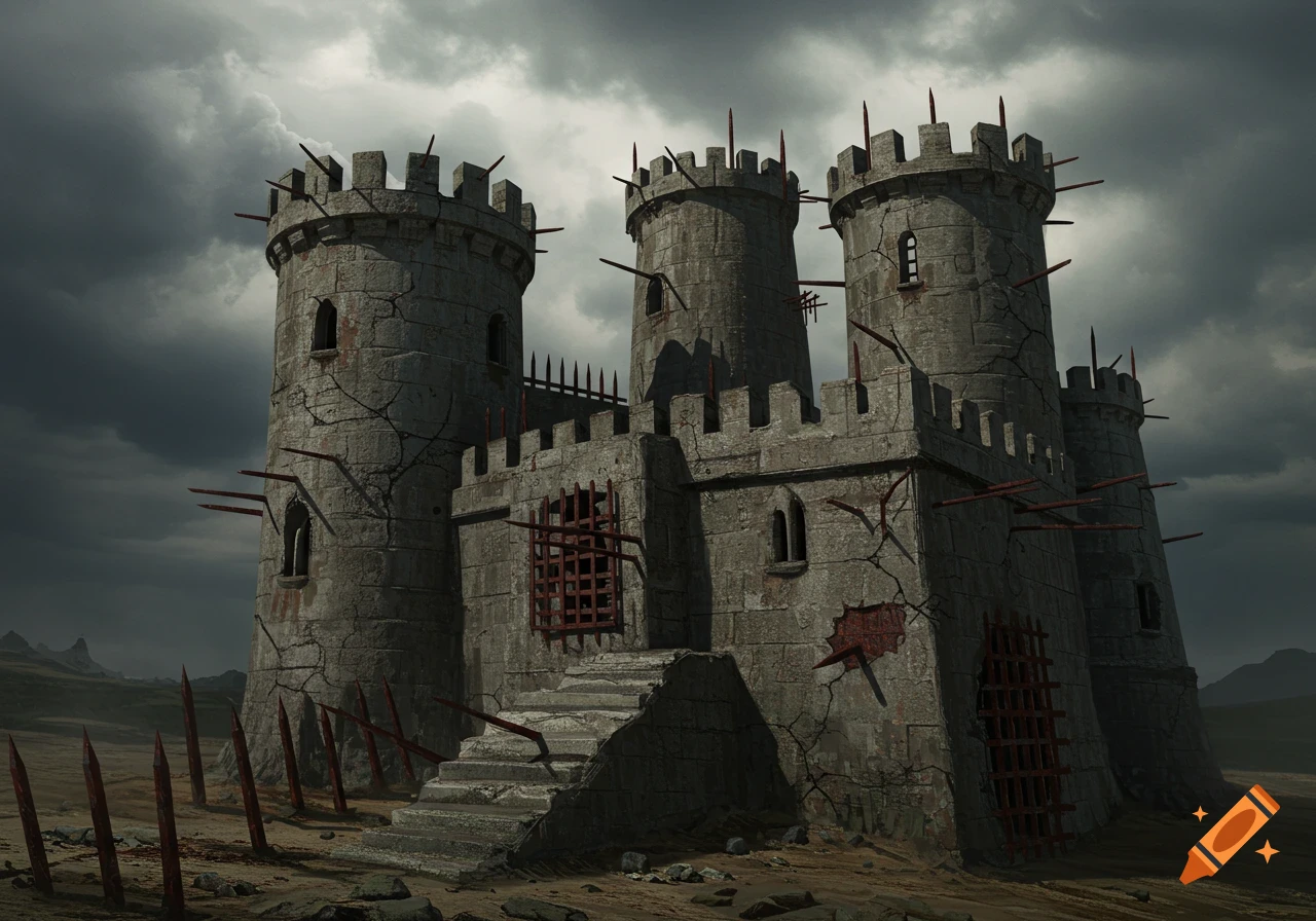 A dark, spike-covered fortress stands against a stormy sky in a barren landscape.