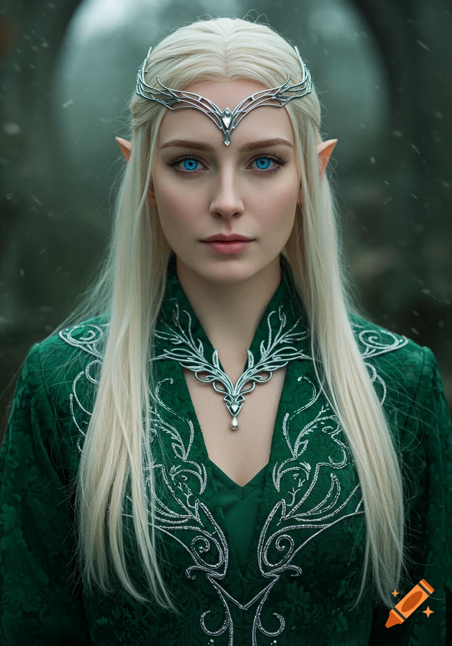 Elven woman with blonde hair and blue eyes wearing ornate green robes