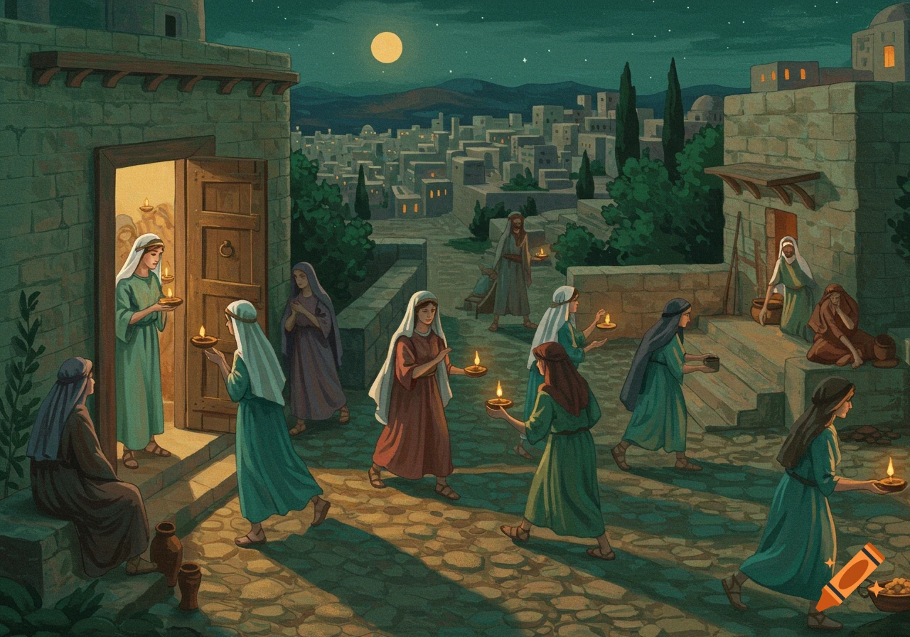 Muted watercolor painting of the parable of the ten virgins at night, showing women with lamps outside a door with an ancient city in the background.