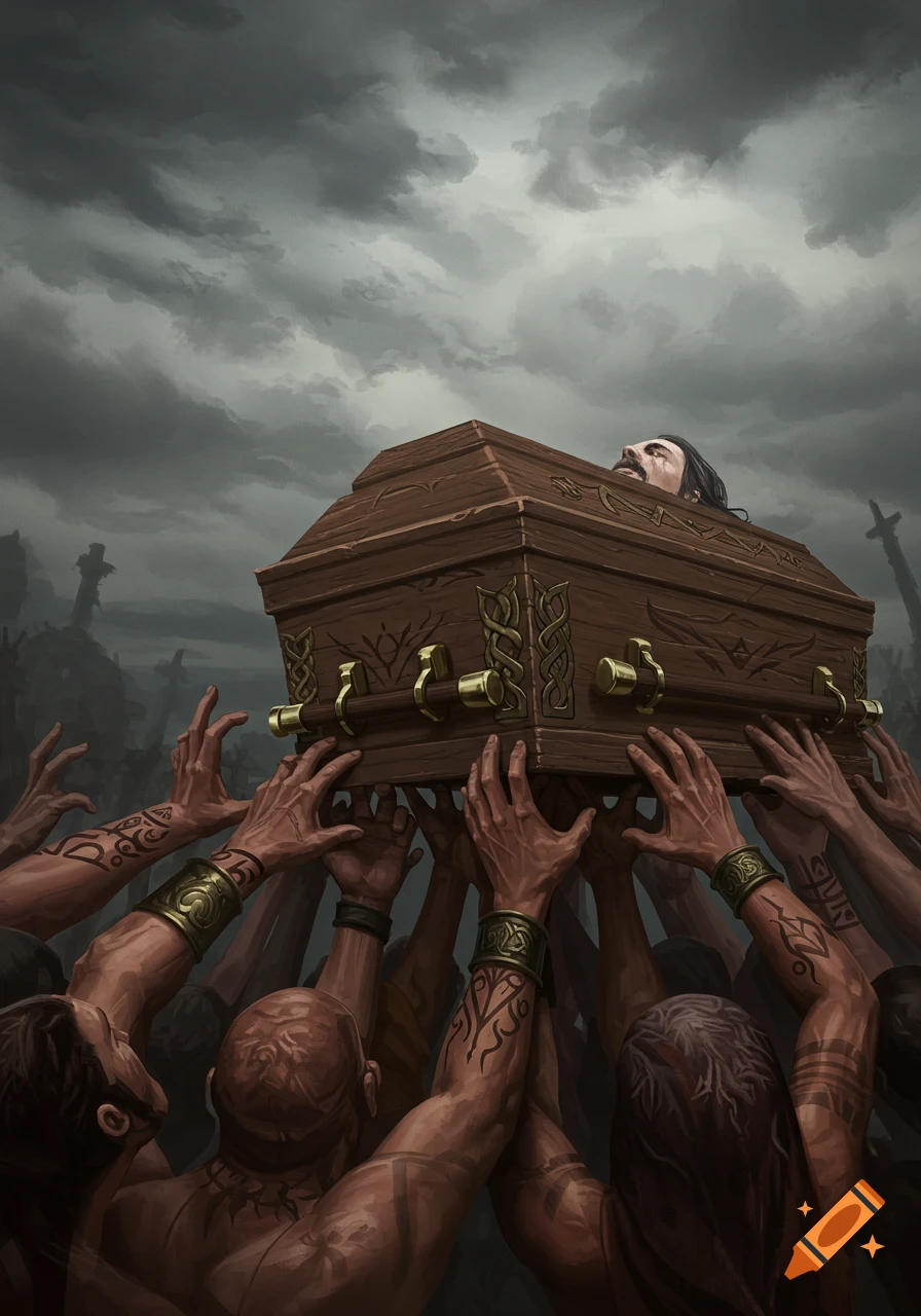 Many hands carrying a wooden coffin with a man's head visible under a cloudy sky.