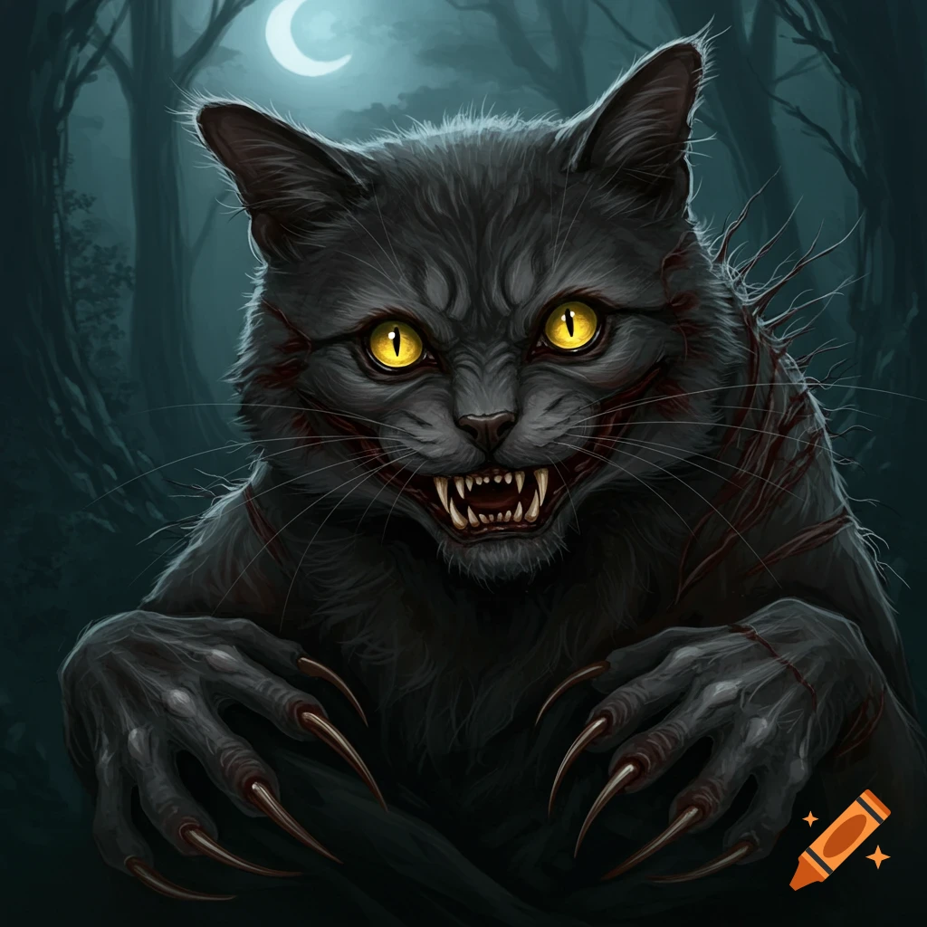 A monstrous black cat with glowing yellow eyes and sharp claws stands in a dark forest.