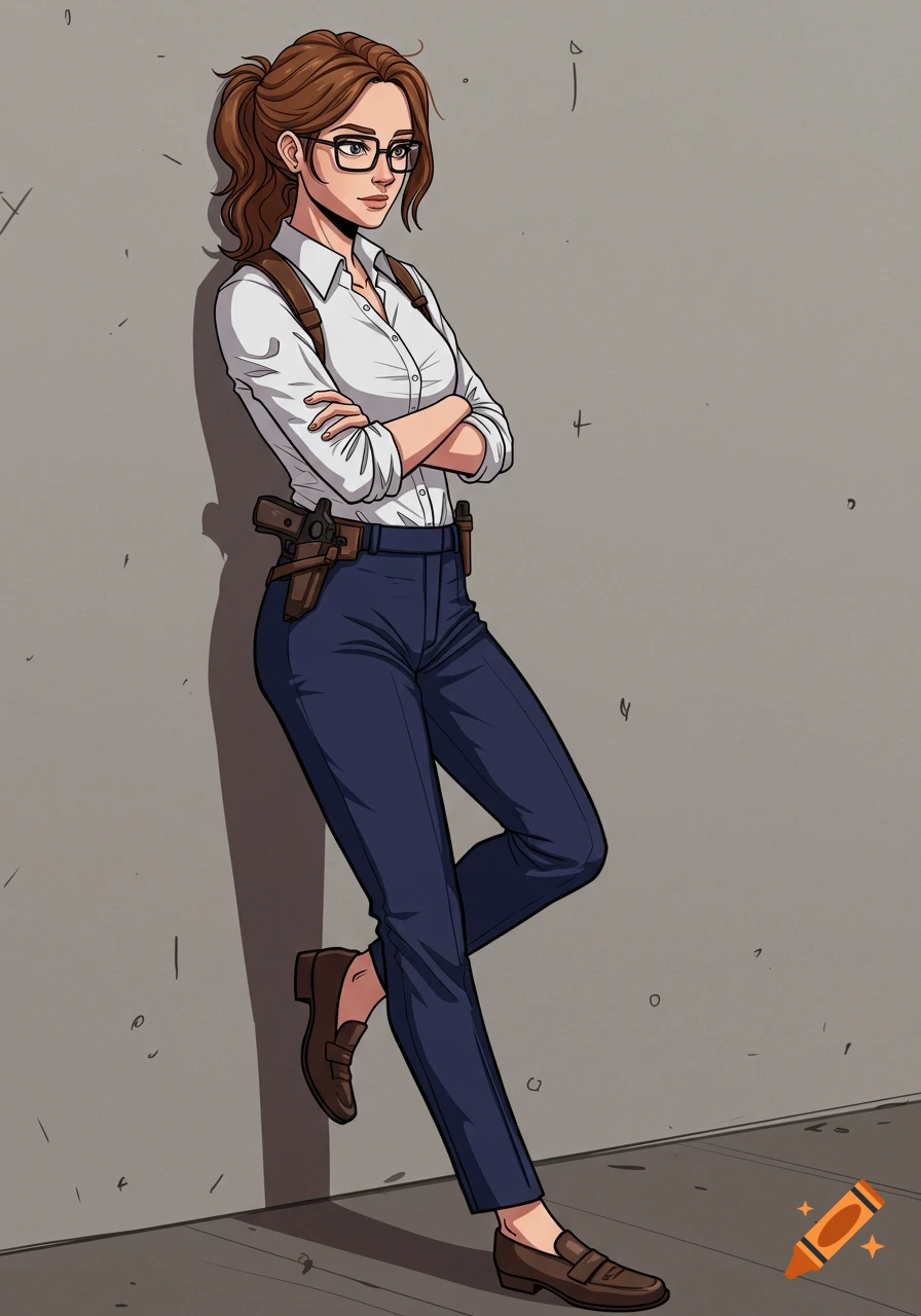 Anime-style illustration of a woman with glasses, white shirt, blue pants, and gun holster leaning against a wall.