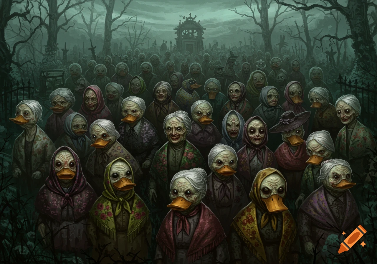 Creepy duck-headed figures in a dark cemetery.