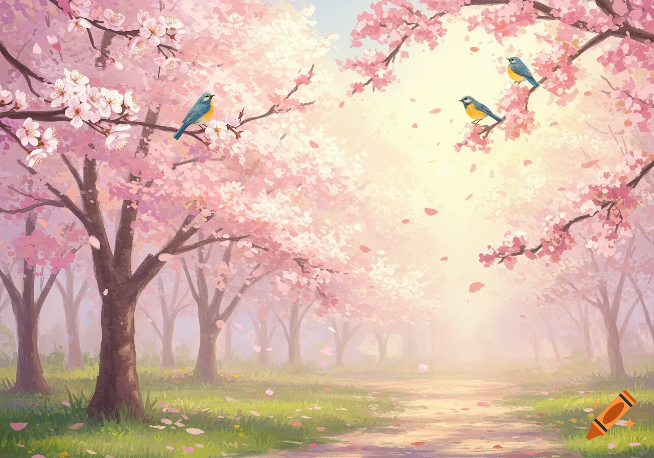 A path winding through a forest of cherry blossom trees with birds perched on branches.