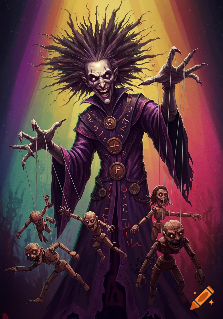 A villainous puppeteer in a purple robe controls wooden marionettes with strings in a colorful scene.