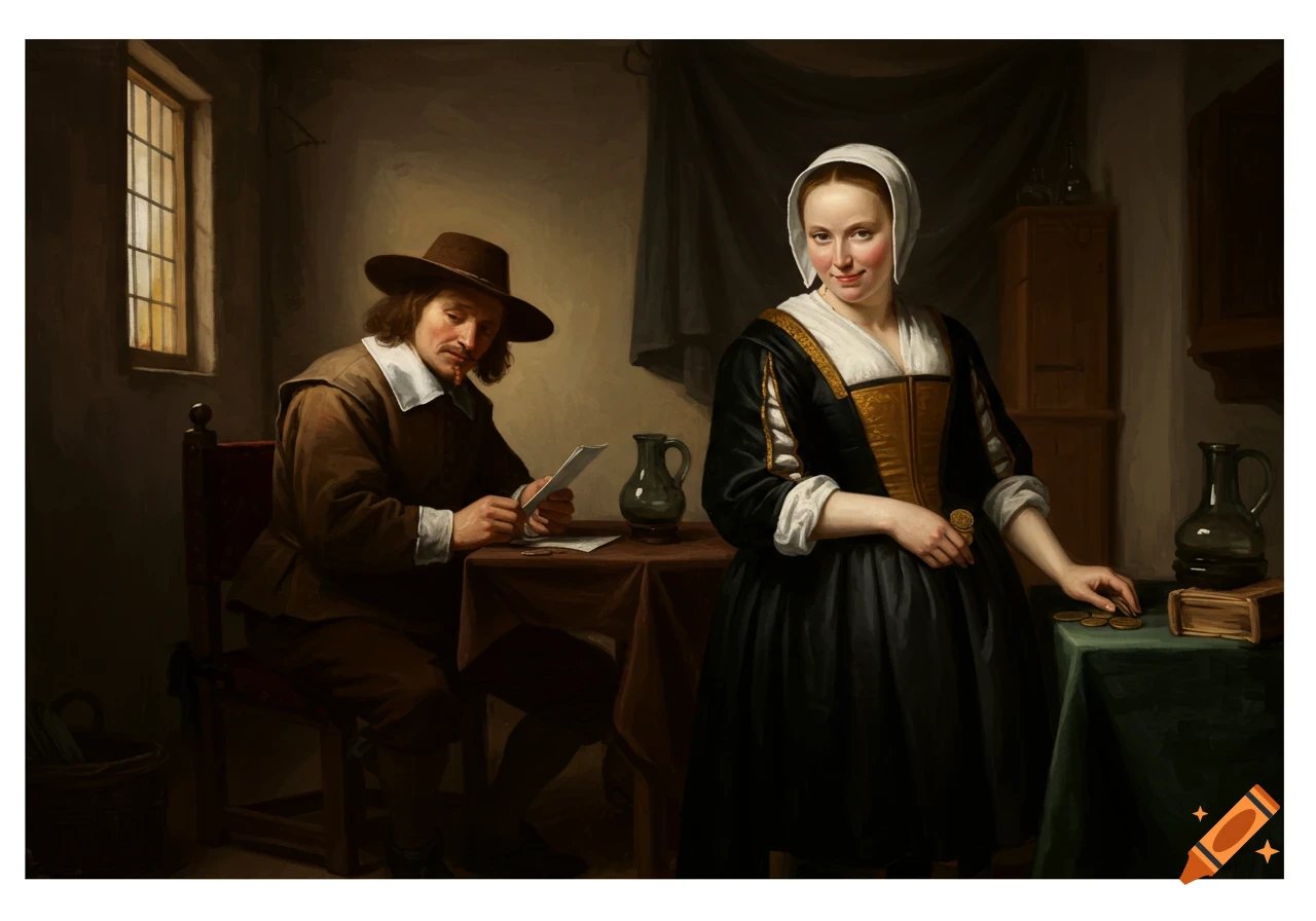 A historical painting of a man and woman counting coins at a table.