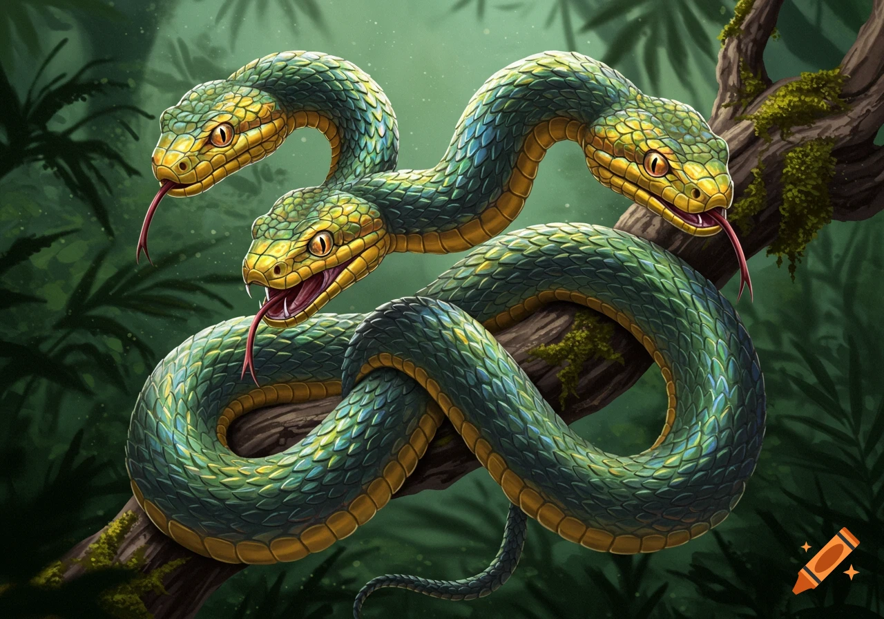 A three-headed snake wrapped around a tree branch in a jungle.