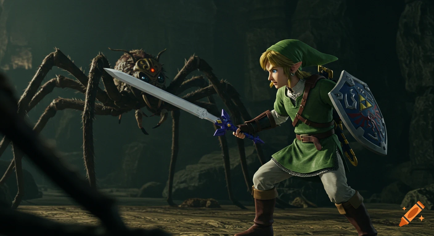 Link from Zelda battles a giant spider in a dark, cinematic cavern scene.