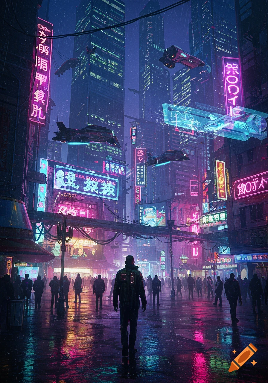 Cyberpunk city street at night with neon signs, flying vehicles, and blurry crowds.