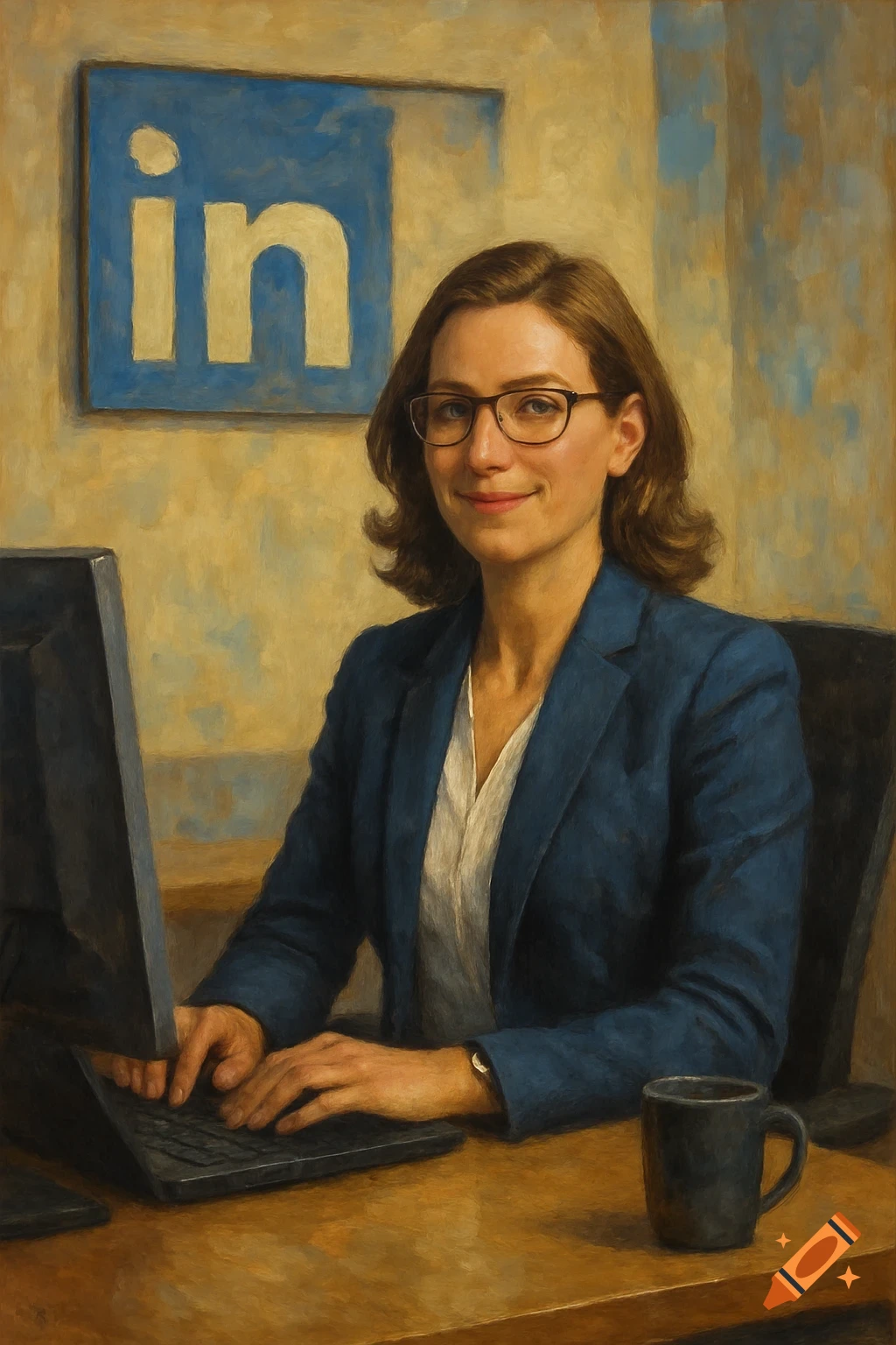 Painting of a successful woman working at a computer with a LinkedIn logo on the wall.