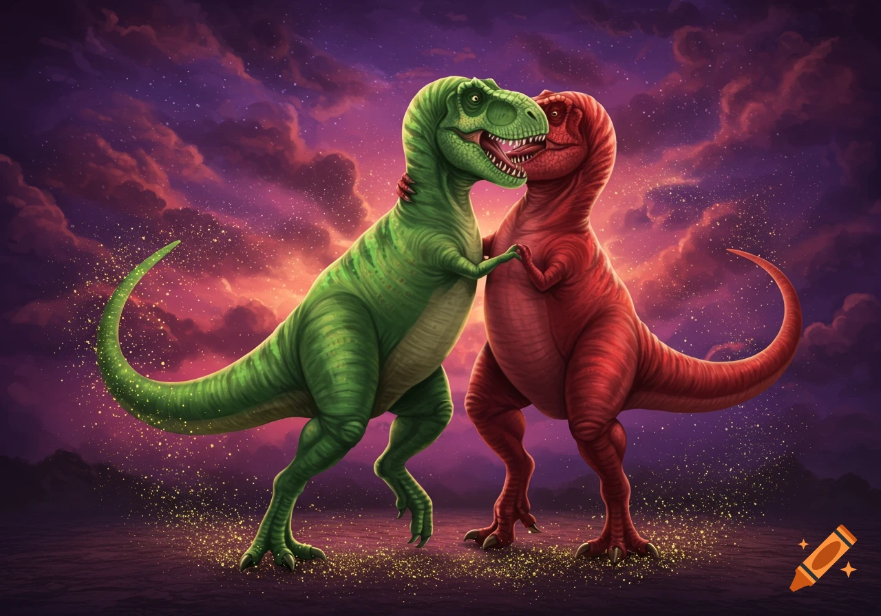 Digital painting of a green and red T-Rex dancing a tango under a purple and orange sky with glitter.
