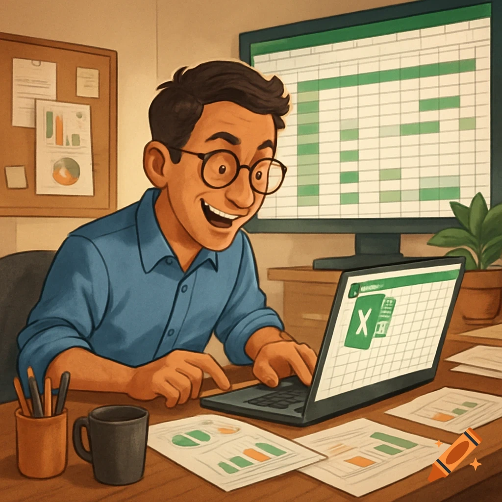 Illustration of a man smiling while working on a laptop and large monitor showing spreadsheets.