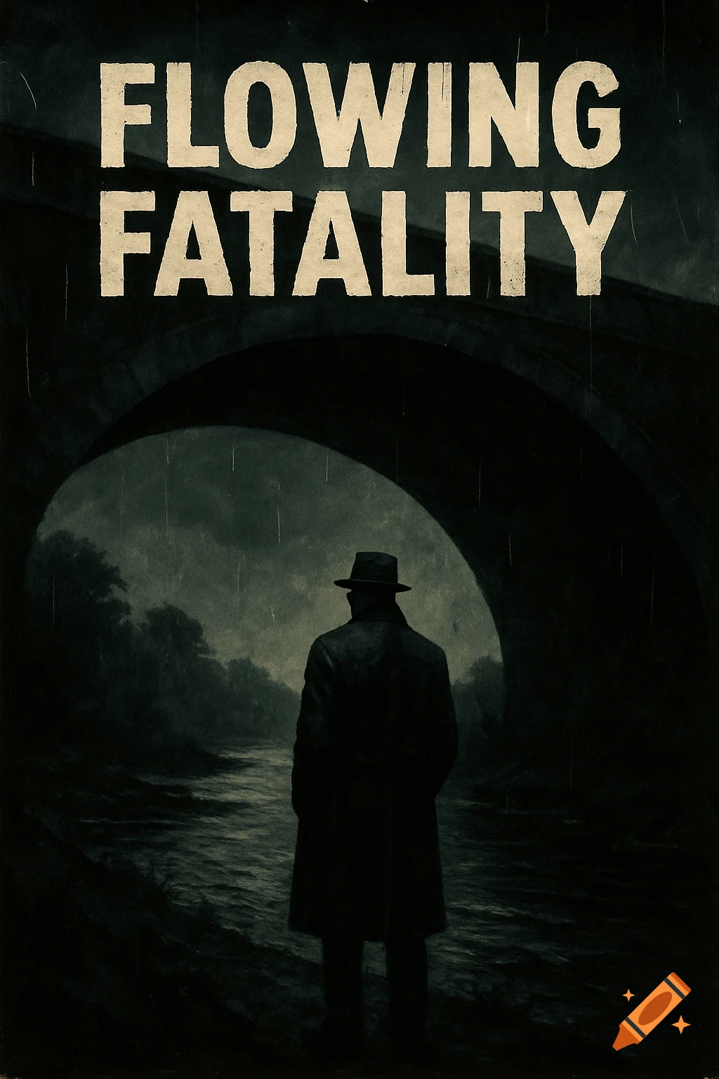 Noir movie poster style of a figure under a bridge by a river, with the title 'FLOWING FATALITY'.