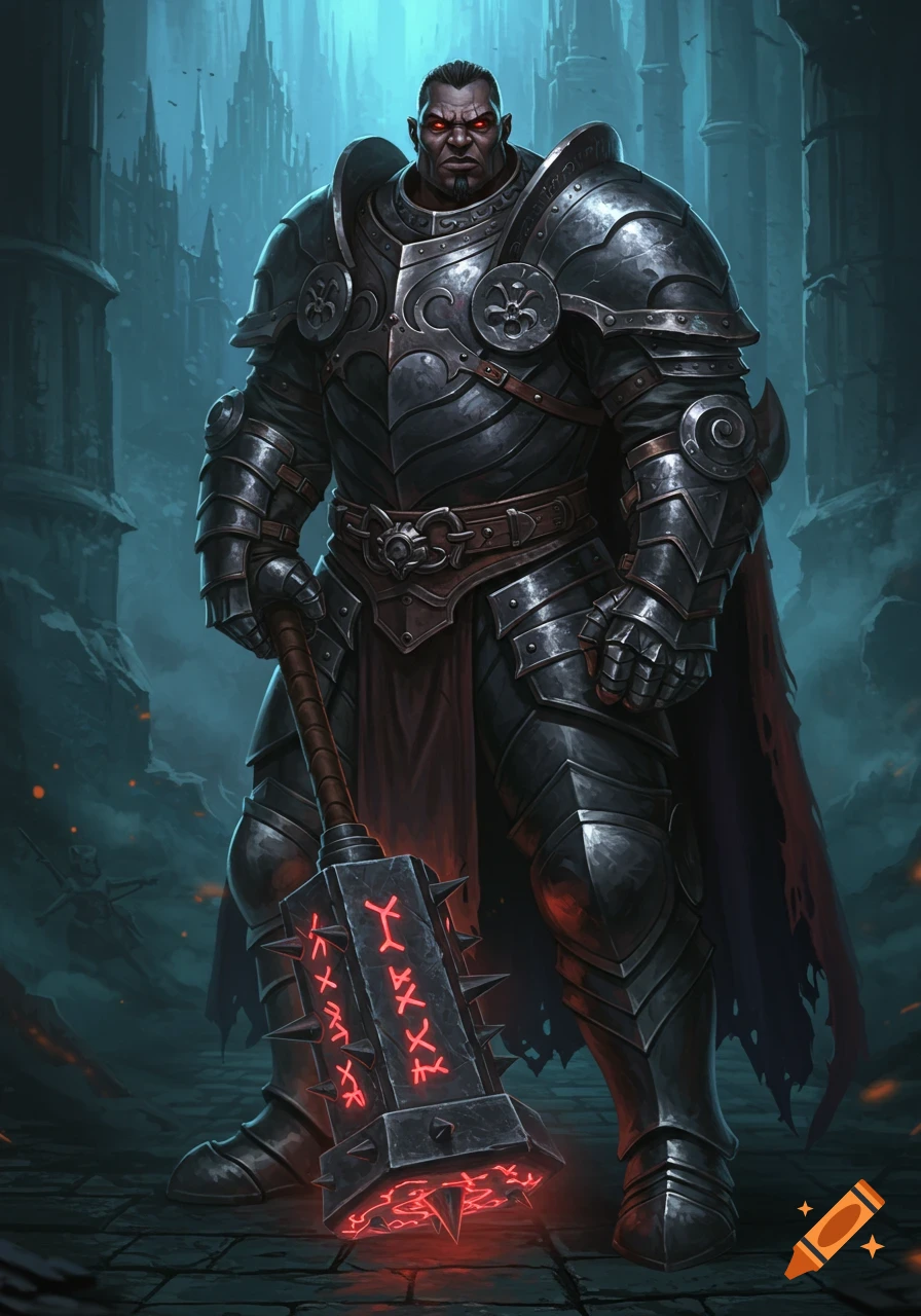 A heavily armored dark fantasy warrior stands in ruins holding a large spiked mace.