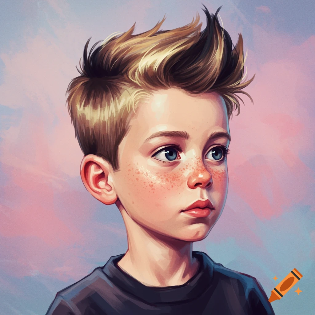 Portrait of a boy with freckles and spiky hair against a pastel background.