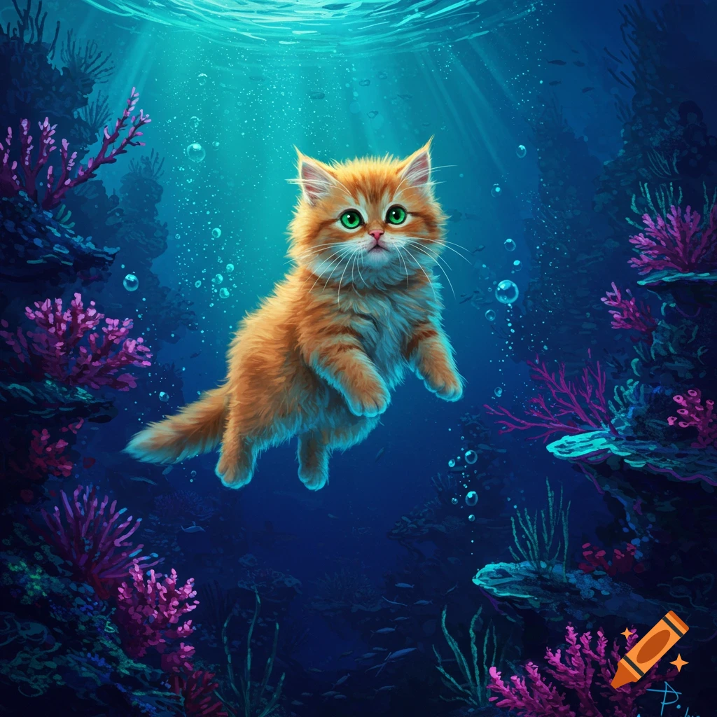 A fluffy orange kitten is swimming underwater with coral and bubbles surrounding it.