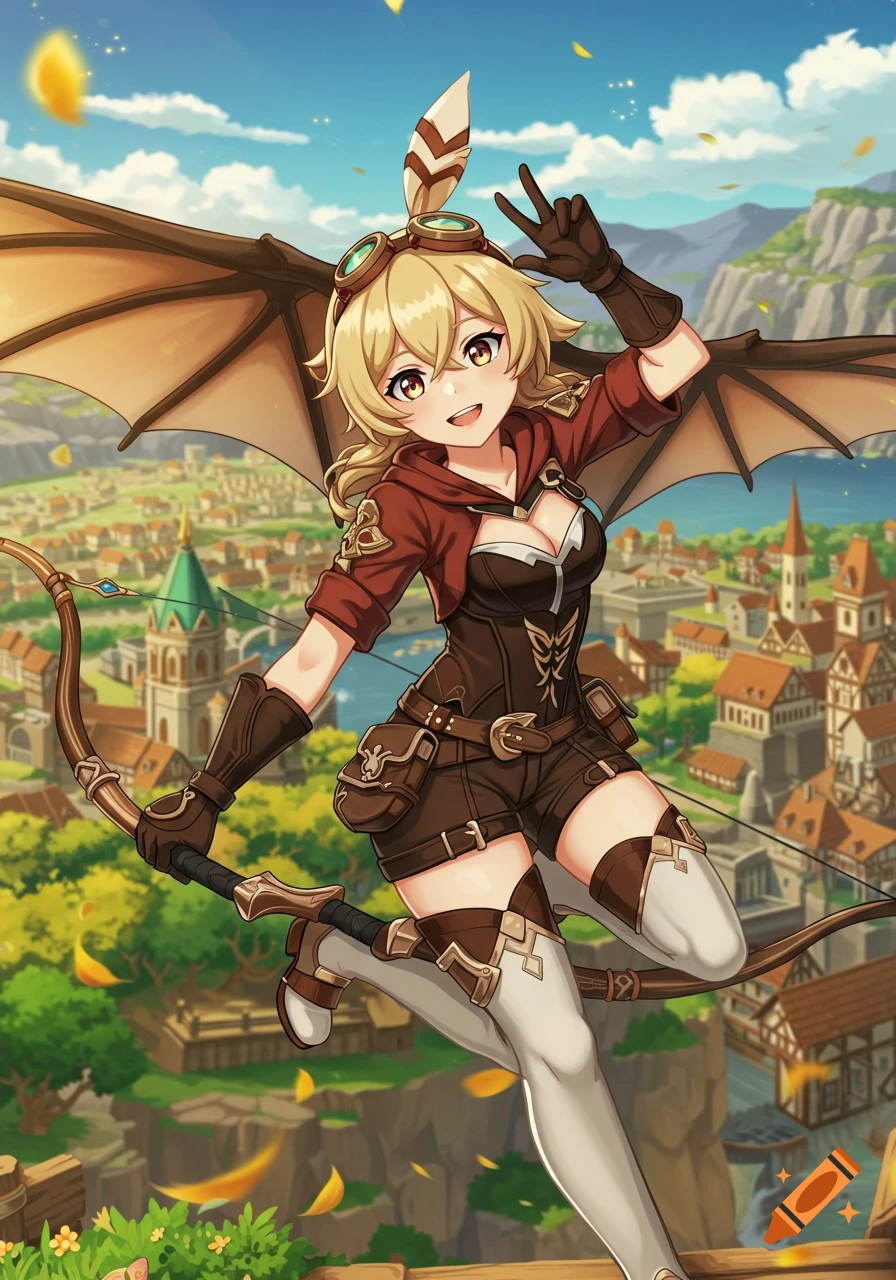 Anime character flying over a town, holding a bow and giving a peace sign.