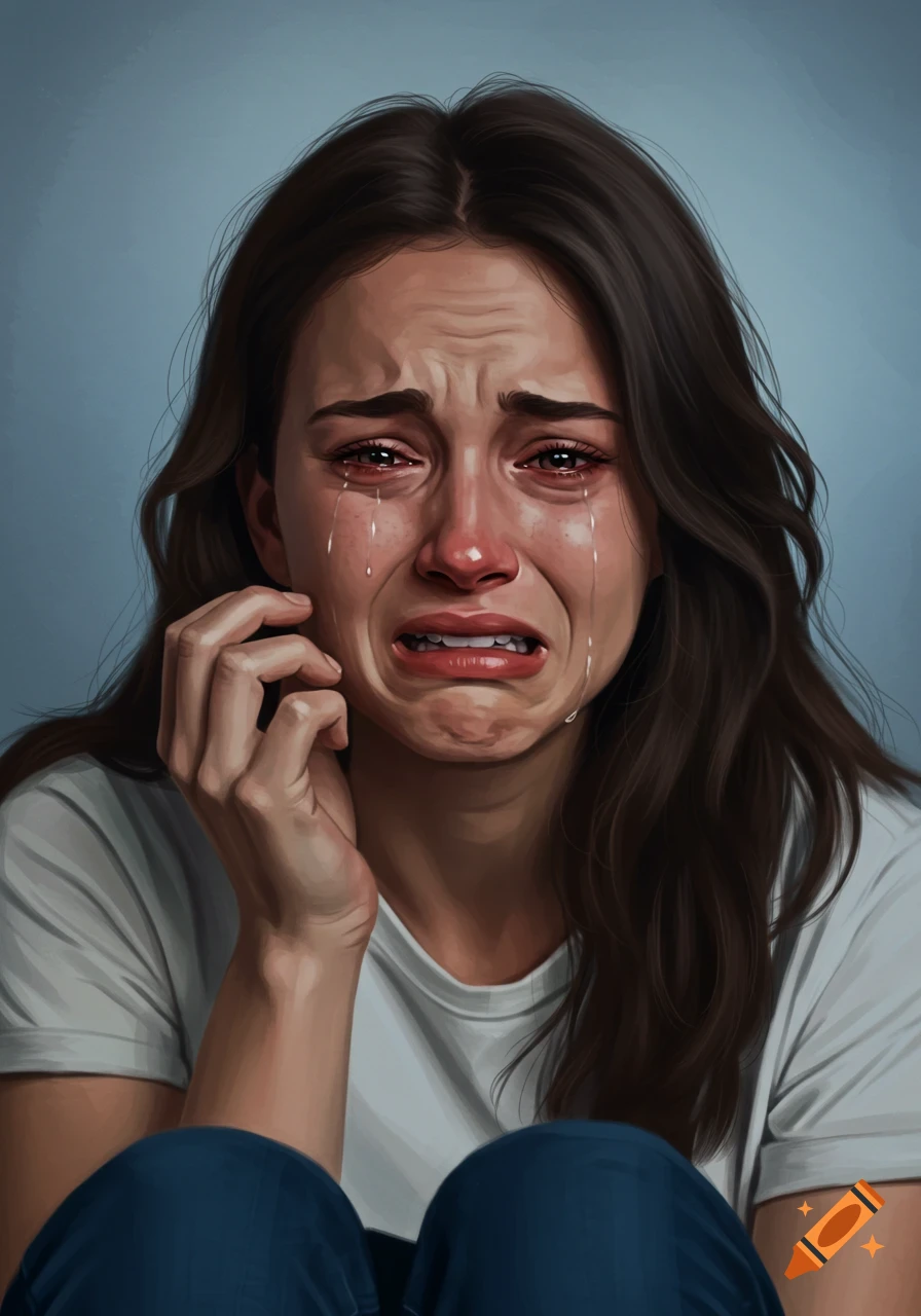 Painting of a woman crying and touching her face.